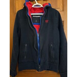 Abercrombie & Fitch Double-Zip Hoodie Jacket Coat Men L Navy/Red Quilted Liner